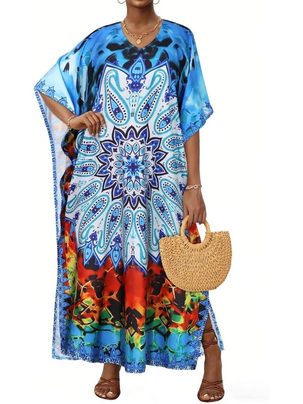 Women's White Blue Plus Size V Neck Caftan Long Batwing Sleeve Swimsuit Cover Up